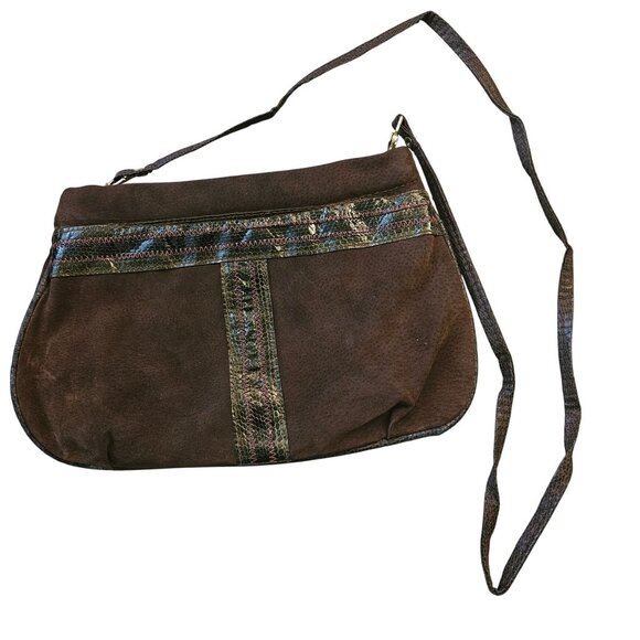 Vintage Brown Suede Shoulder Bag With Metallic Snake Skin Accent Strap & Detaili - Picture 3 of 12
